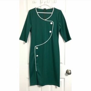 NWOT Abstract Faux Button Dress L-XL Fit Half Sleeve Green White Back Zipper